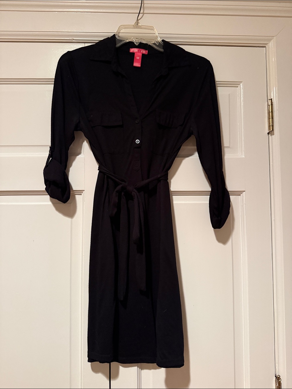 Black Long Sleeve Shirt Dress with Waist Tie - M